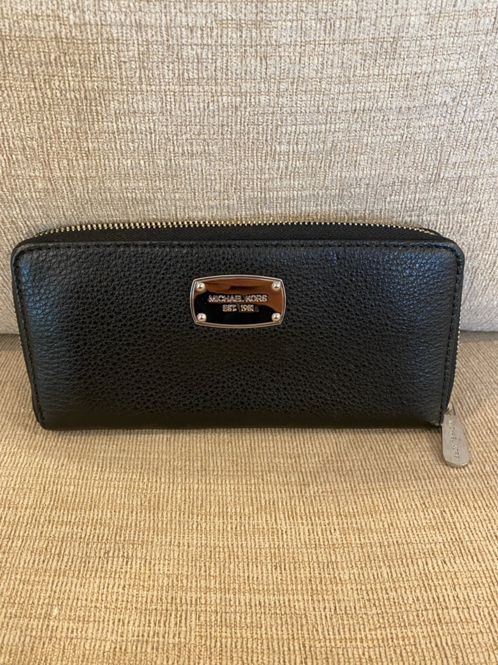 Michael Kors Black Pebbled Leather Zip-Around Wallet with Silver Plaque - Picture 3 of 5